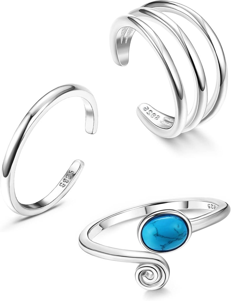 Jstyle 925 Sterling Silver Open Toe Rings Set for Women Adjustable Turquoise Moonstone Band Tail Ring Women Beach Foot Jewelry Set - Image 1